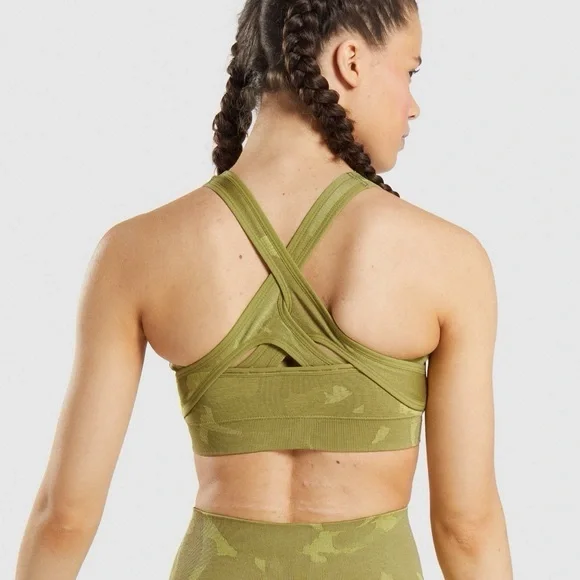 Gymshark seamless Green army print Sports Bra - Picture 2 of 6
